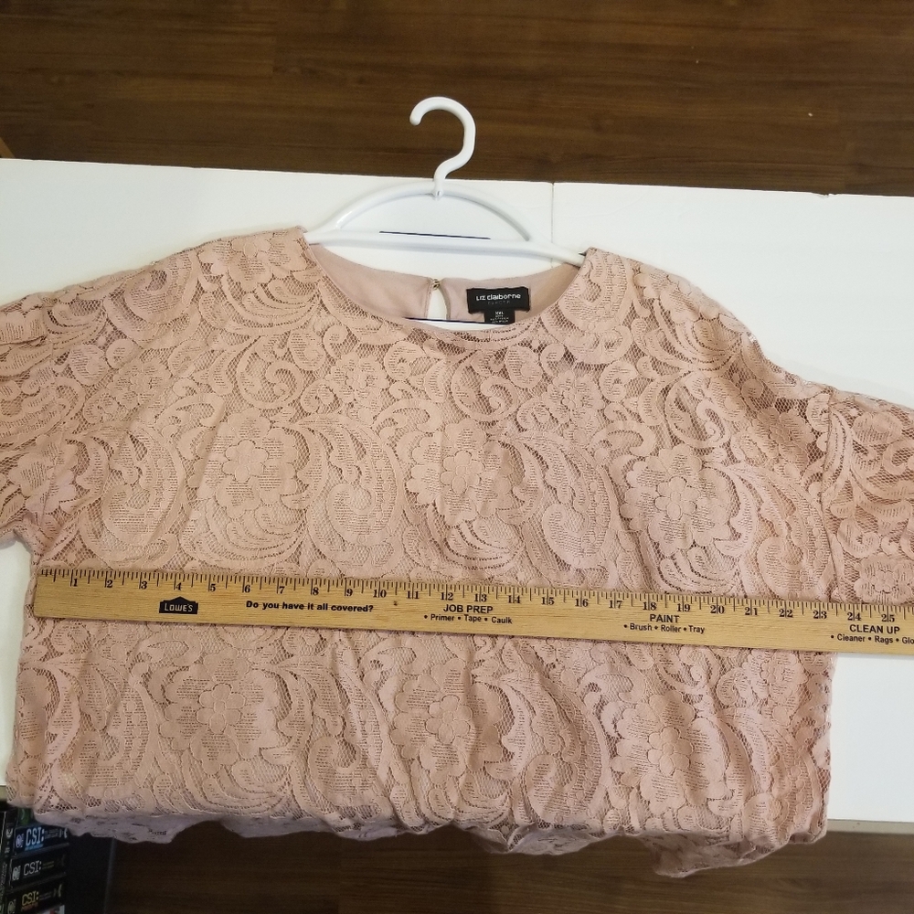 Liz Claiborne Top Women's XXL Pink Floral Lace Over Lining Sheer Long Sleeves - Picture 6 of 7